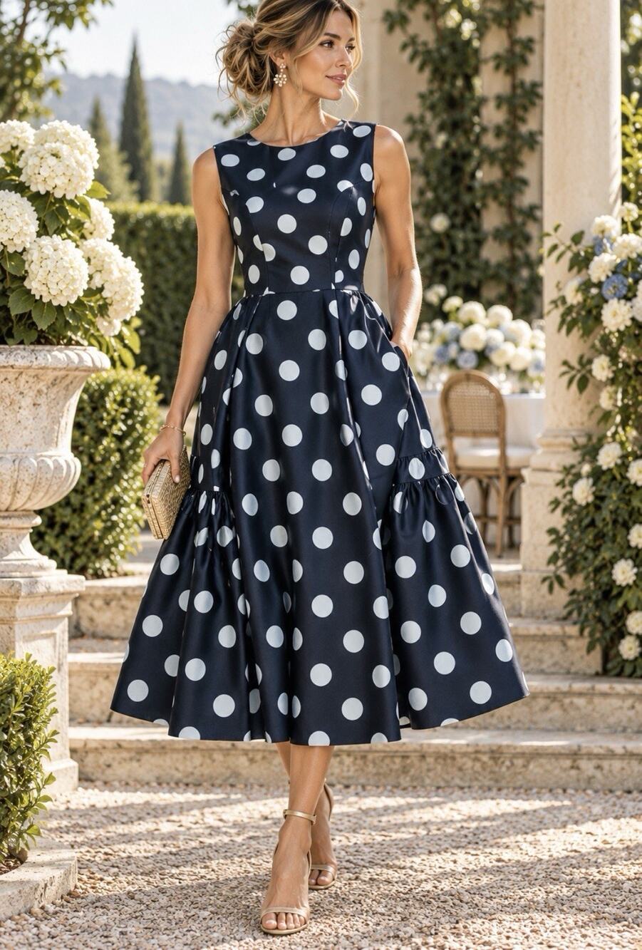 Kay Unger Tinslee Polka Dot Tea Length Dress 6 Navy Blue NWT Fit Flare Pockets